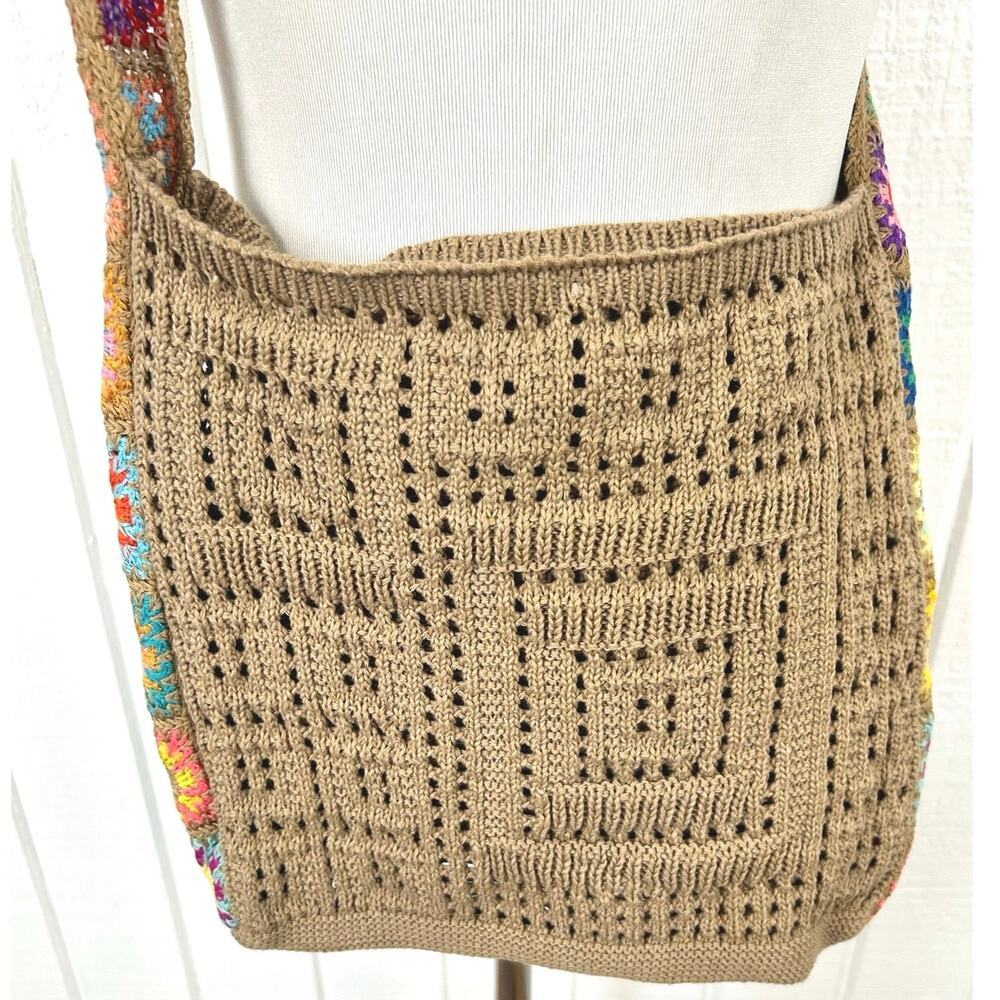 Boho Crochet Knit Crossbody Bag Granny Square Brown Festival Shoulder Purse - Picture 3 of 6